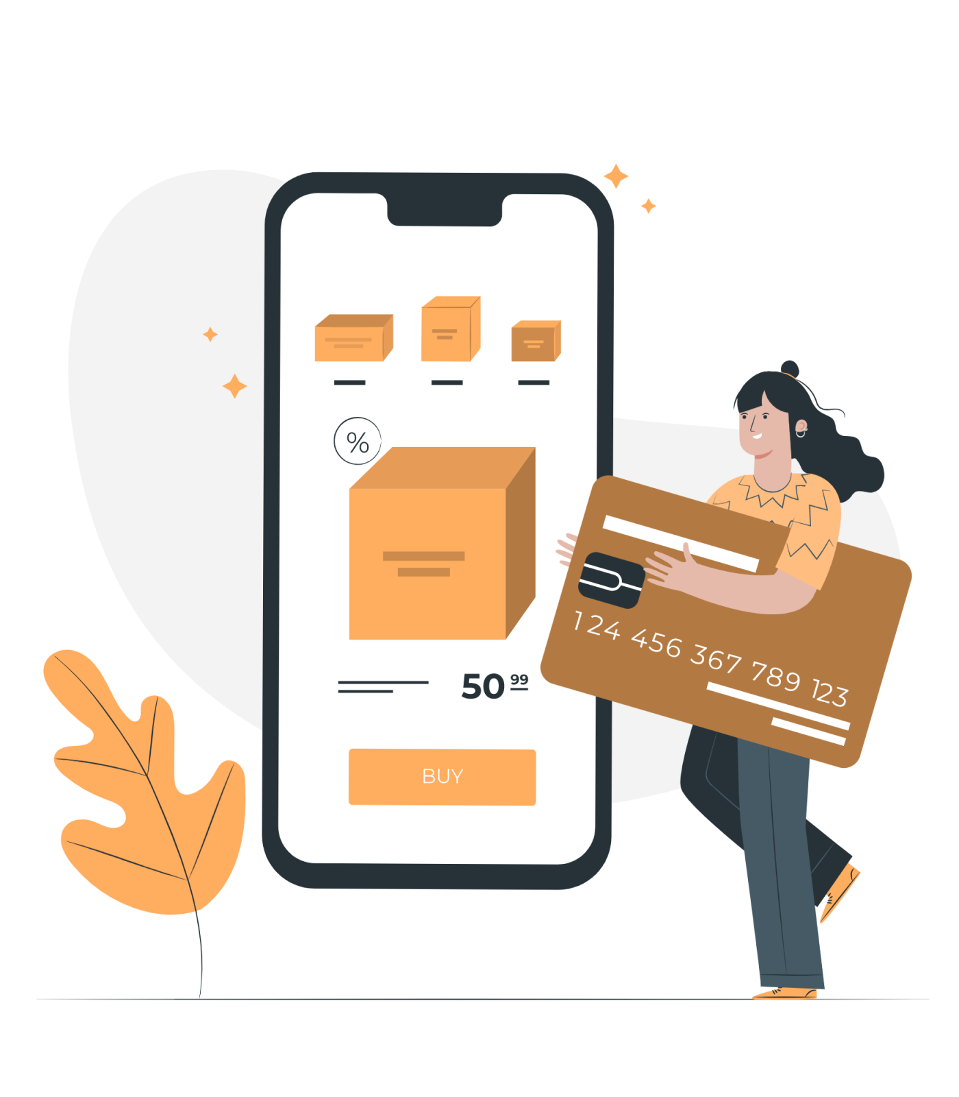 Cartoon person with an oversized credit card and mobile phone shopping on an e-commerce store